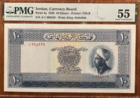 JORDAN 10 DINARS  1949 P.4a , PMG AU 55