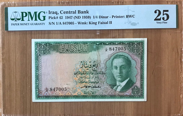 IRAQ 1/4 DINAR OF 1959 ISSUE P.42 GRADED BY PMG VF 25