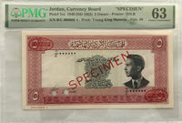 JORDAN SPECIMEN 5 DINARS ND(1952) P.7cs GRADED BY PMG CH. UNC 63.